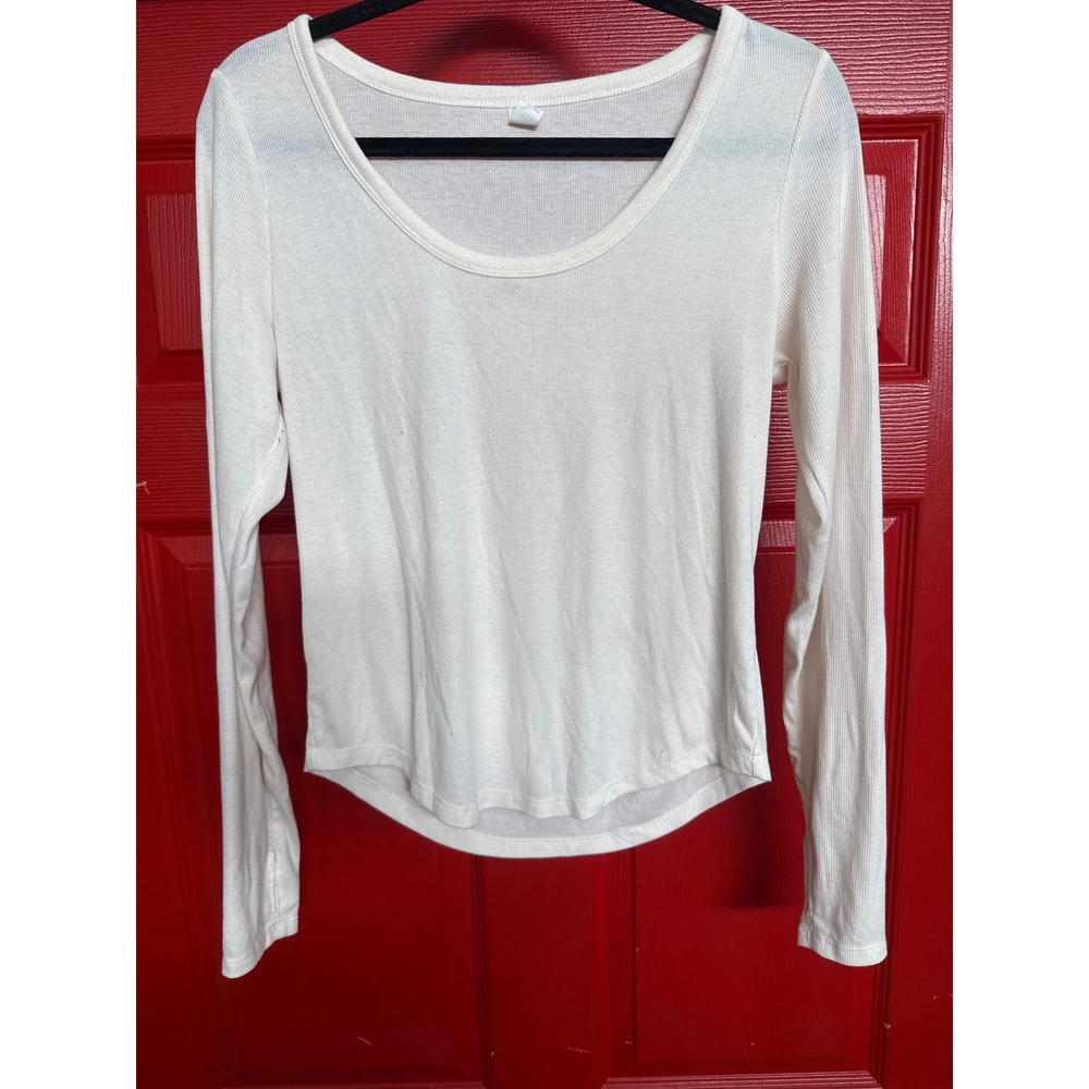 Cream Ribbed Scoop Neck Long Sleeve Top Curved Hem Off White Knit Shirt